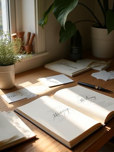An inviting atelier setup with calligrapy tools, paper, and natural light.